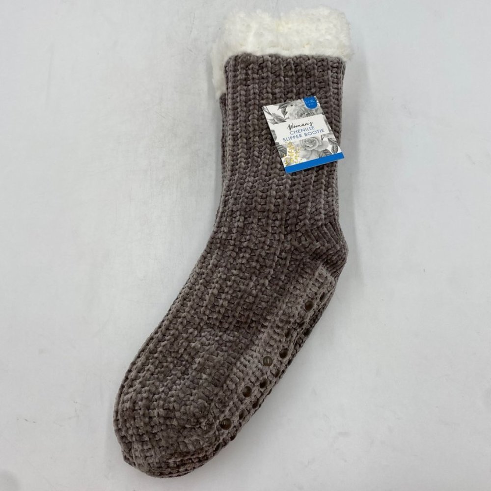 Chenille Woman's Slipper Bootie Brown Socks